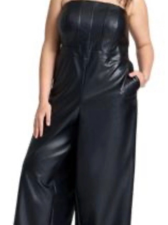Eloquii Pants - ELOQUII Black Faux Leather Wide-Leg Strapless Jumpsuit